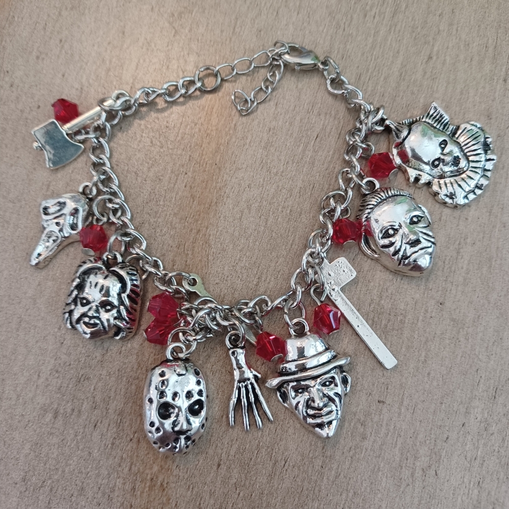 Silver & Red Horror Character Beaded Adjustable Dangle Charm Bracelet